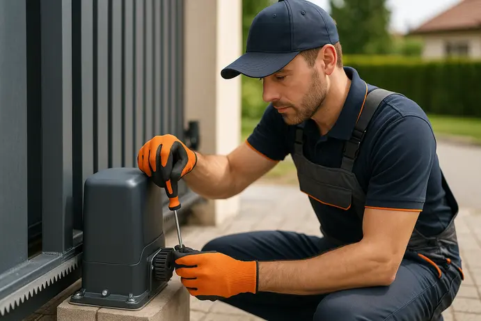 טכנאי מוסמך מבצע התקנה של מנוע לשער