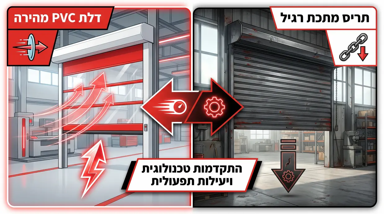 השוואה גרפית בין תריס מתכת כבד לדלת PVC מהירה וקלה