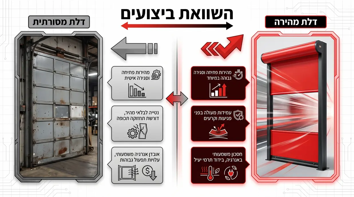 השוואה ויזואלית בין דלת PVC מהירה לדלת מתכת מסורתית