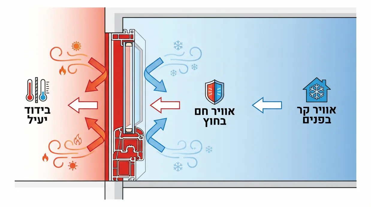 תרשים המדגים כיצד דלת PVC שומרת על אוויר ממוזג ומונעת כניסת חום