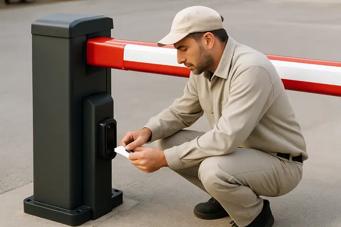 טכנאי בודק עיניים אלקטרוניות בבסיס מחסום זרוע חשמלי