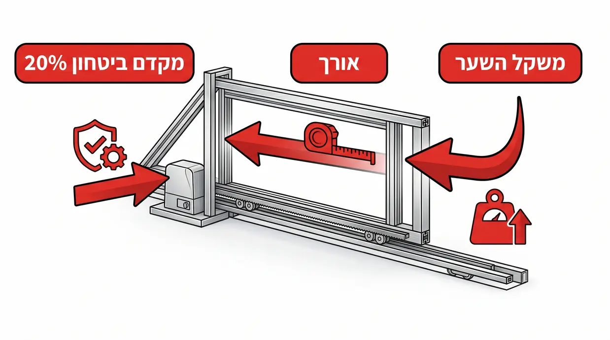 תרשים בעברית המסביר את נוסחת ה-20% להתאמת מנוע לשער חשמלי