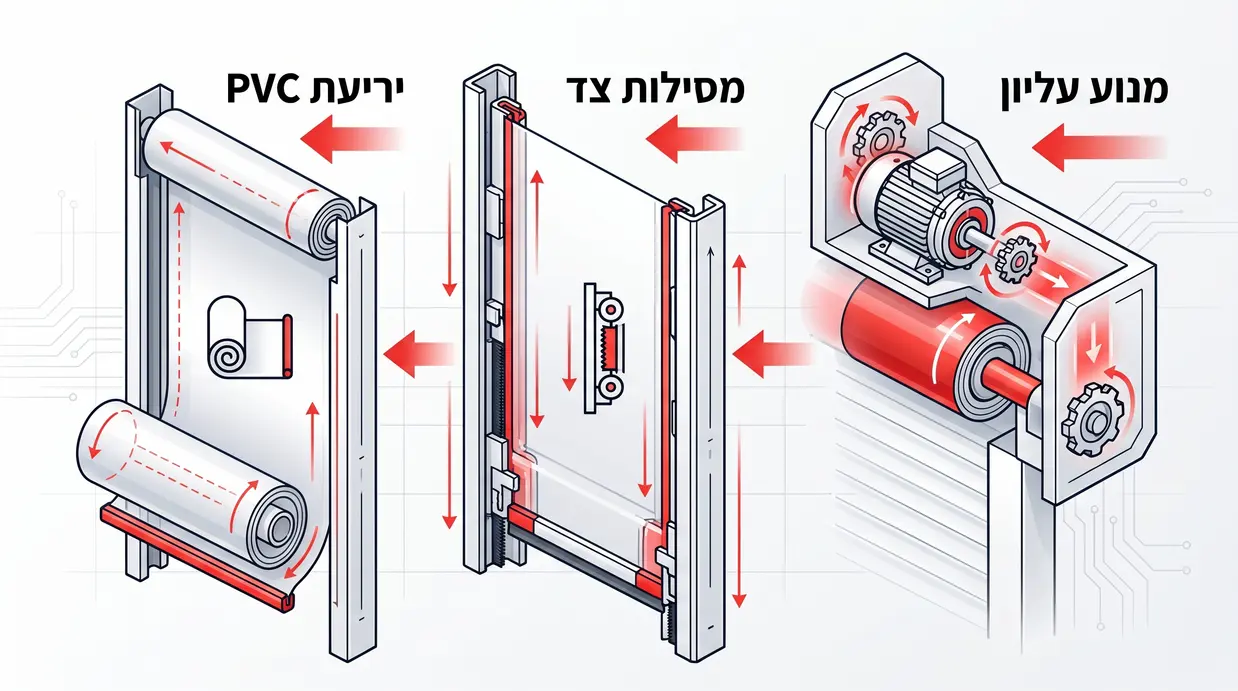 תרשים בעברית של מנגנון דלת PVC נגללת עם מנוע ומסילות