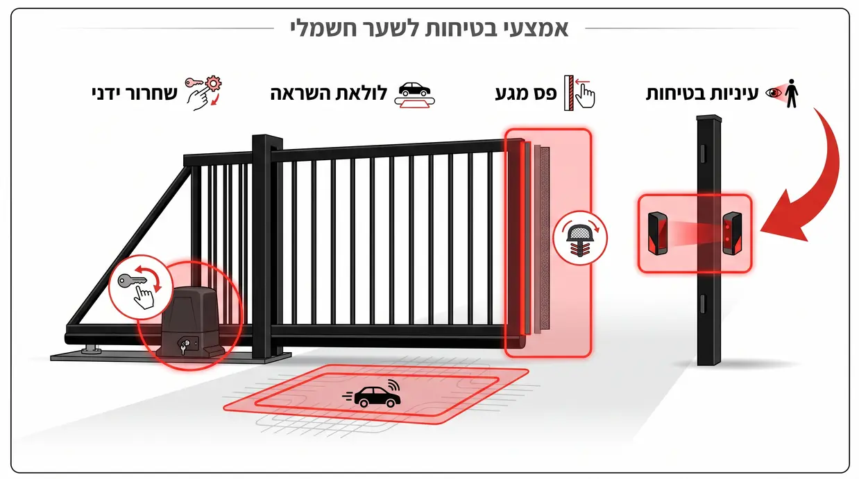 איור המדגיש את מיקום העיניות ואלמנטים בטיחותיים בשער חשמלי