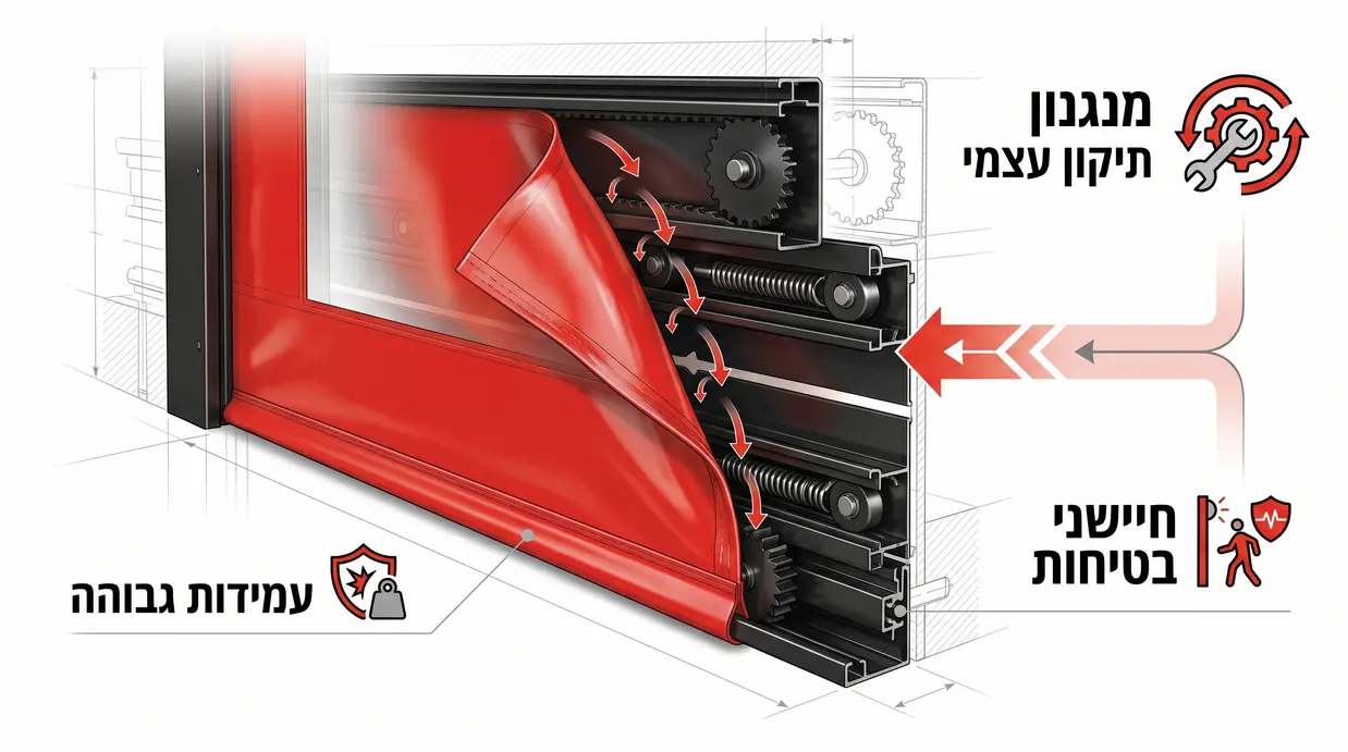 איור של מסילת דלת PVC עם מנגנון תיקון עצמי וחיישני בטיחות
