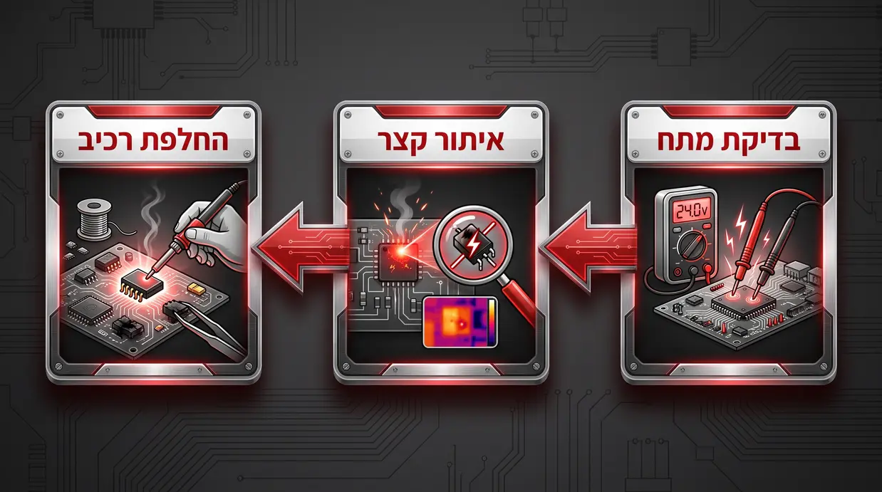 תרשים בעברית של שלבי טיפול בלוח פיקוד של שער חשמלי