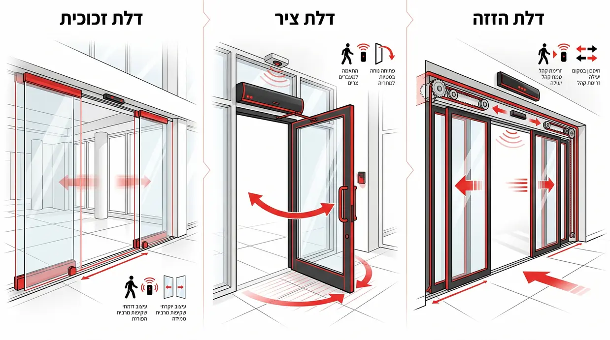 השוואה ויזואלית בין דלת הזזה, דלת ציר ודלת זכוכית אוטומטית