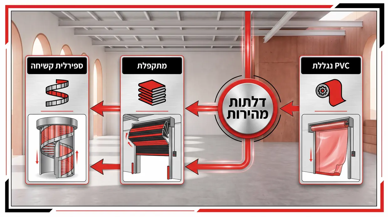 אינפוגרפיקה המציגה סוגי דלתות מהירות בתעשייה