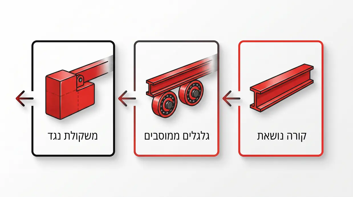 תרשים בעברית של מנגנון שער קונזולי הכולל קורה נושאת, גלגלים ומשקולת נגד