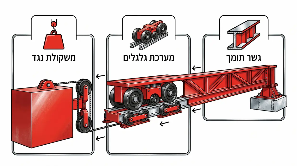 איור של מנגנון שער קונזולי עם גשר תומך, גלגלים ומשקולת נגד