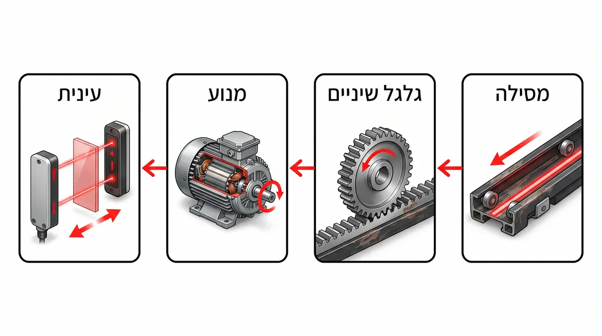 איור של חלקי שער חשמלי עם סימון אזורים מועדים לתקלות
