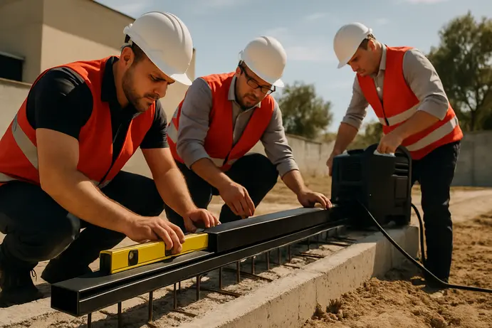 צוות מתקינים מקצועי עובד על יסודות בטון לשער קונזולי
