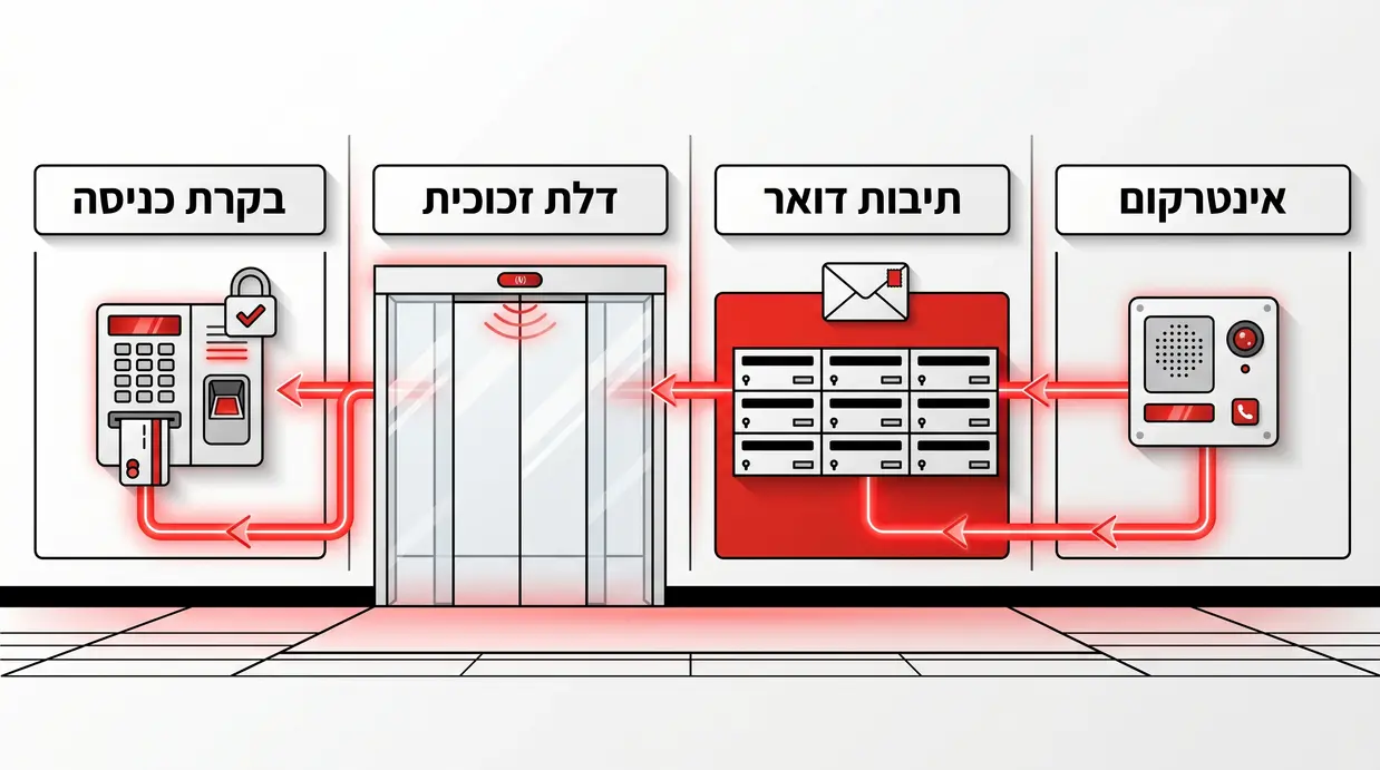 איור בעברית של שילוב דלת אוטומטית עם אינטרקום ותיבות דואר בלובי