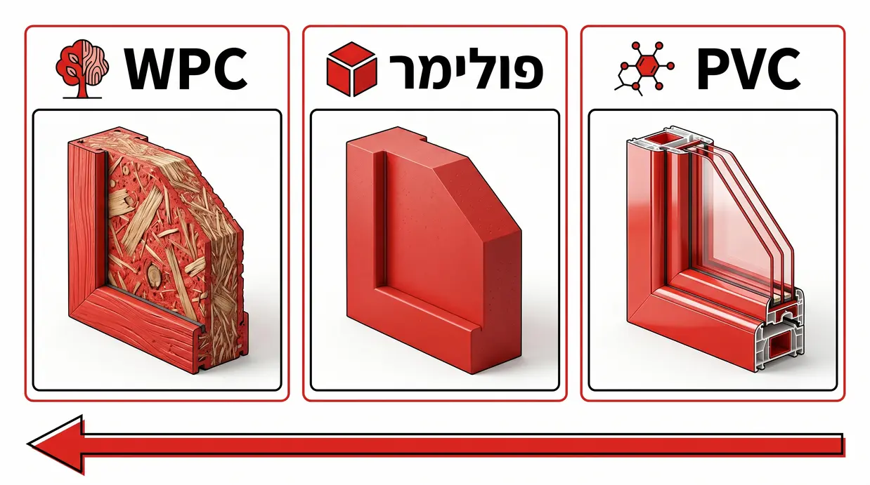 איור המשווה בין דלת PVC, דלת פולימר ודלת WPC