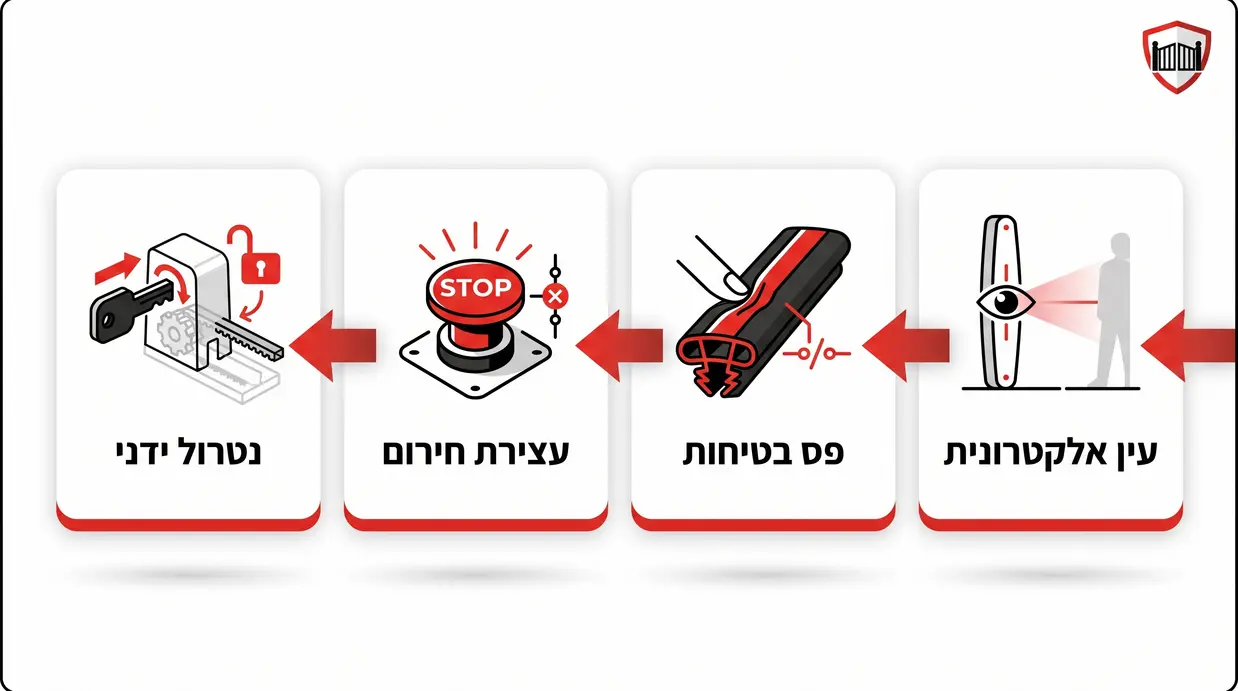איור של אמצעי בטיחות בשער קונזולי כולל עין אלקטרונית ופס בטיחות