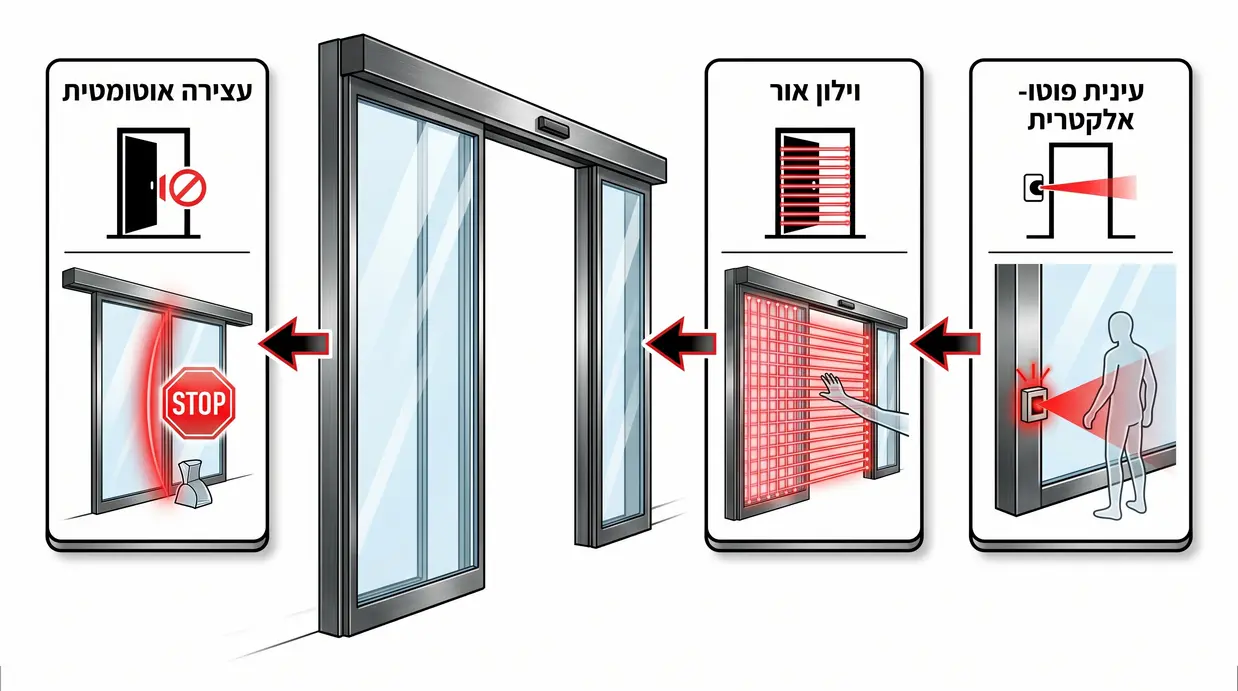 תרשים בטיחות המציג עיניות וחיישנים בדלת אוטומטית