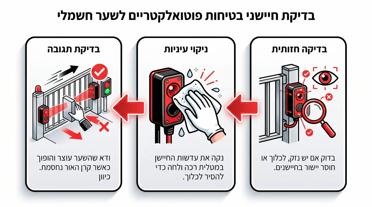תרשים בעברית של שלבי בדיקת עיניות בטיחות בשער חשמלי