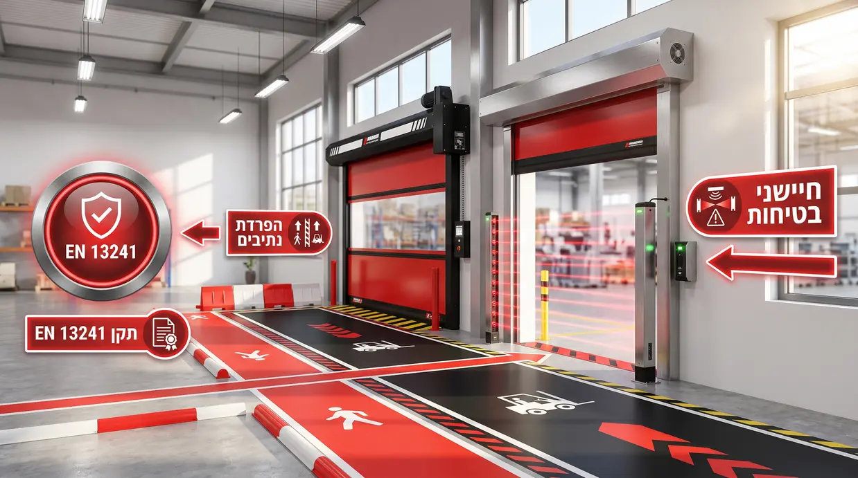 אינפוגרפיקה על חיישני בטיחות ותקן EN 13241 בדלתות מהירות