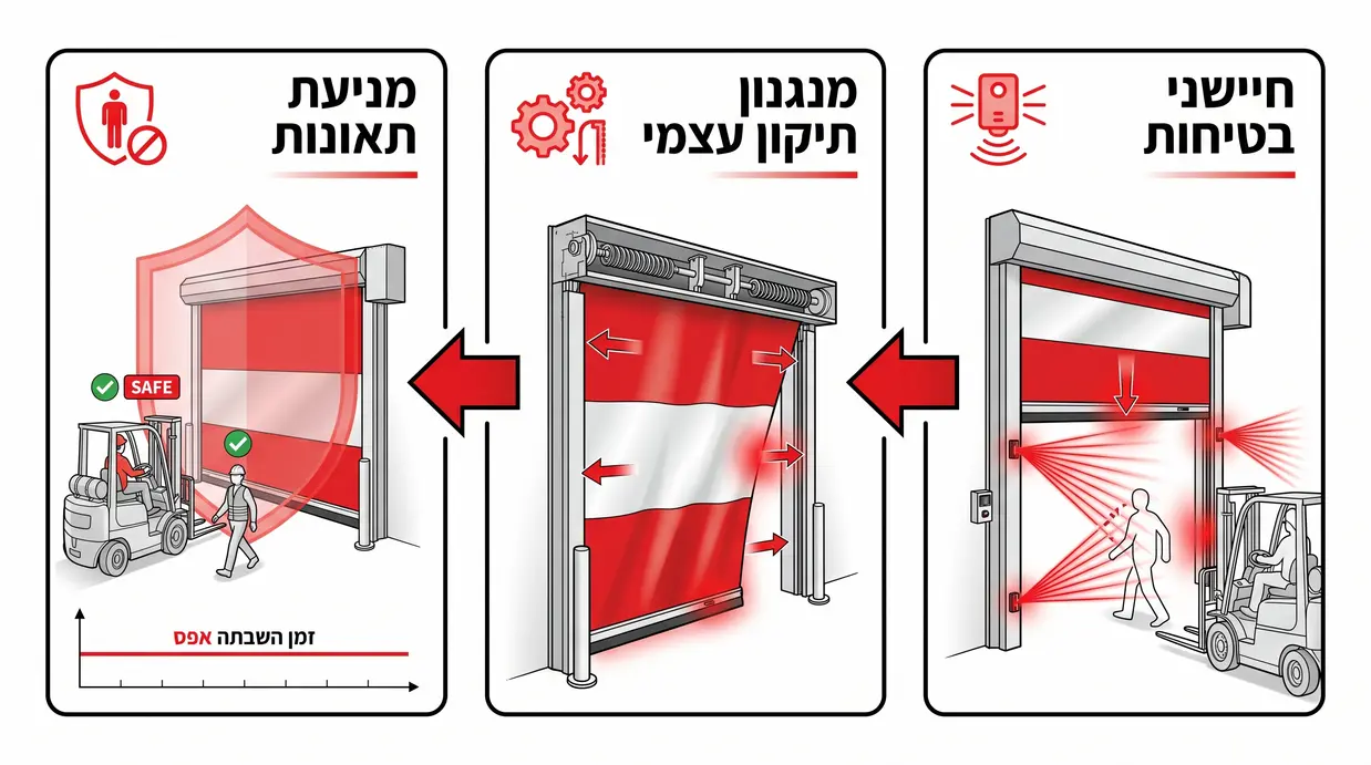 אינפוגרפיקה בעברית המציגה חיישני בטיחות ומנגנון תיקון עצמי בדלת תעשייתית