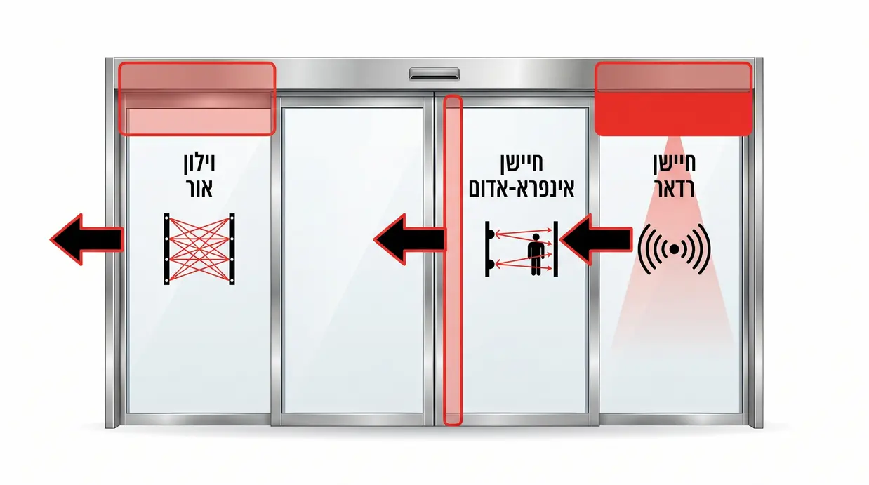 תרשים המציג את מיקום החיישנים בדלת אוטומטית