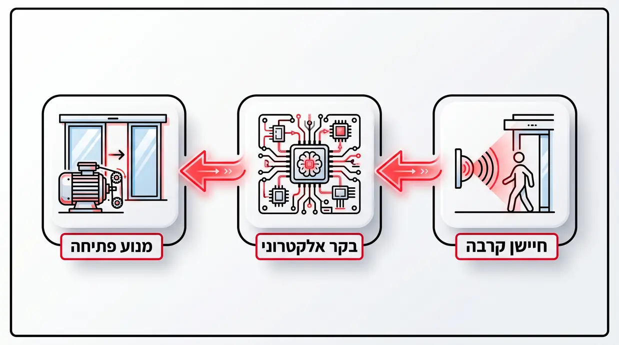 תרשים בעברית של חיישן, בקר ומנוע בדלת אוטומטית לבניין