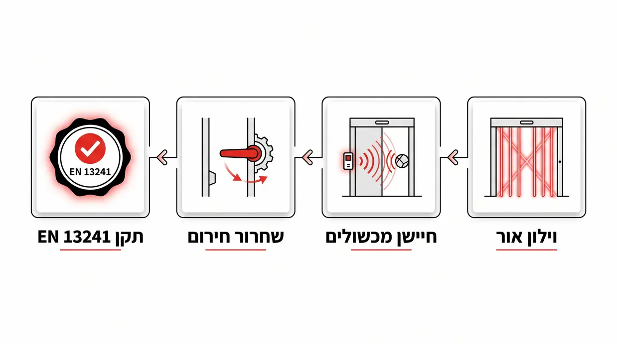 אינפוגרפיקה בעברית המציגה מערכות בטיחות בדלתות אוטומטיות ומהירות