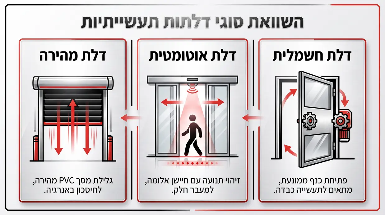 אינפוגרפיקה בעברית המציגה את ההבדלים בין דלת חשמלית, דלת אוטומטית ודלת מהירה