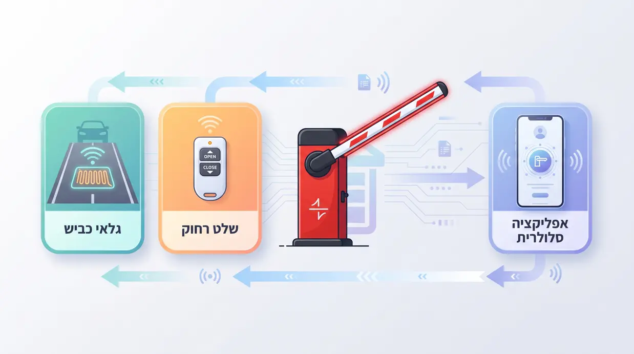 אינפוגרפיקה המציגה אפליקציה סלולרית, שלט רחוק וגלאי כביש כאמצעי פתיחה למחסום חניה