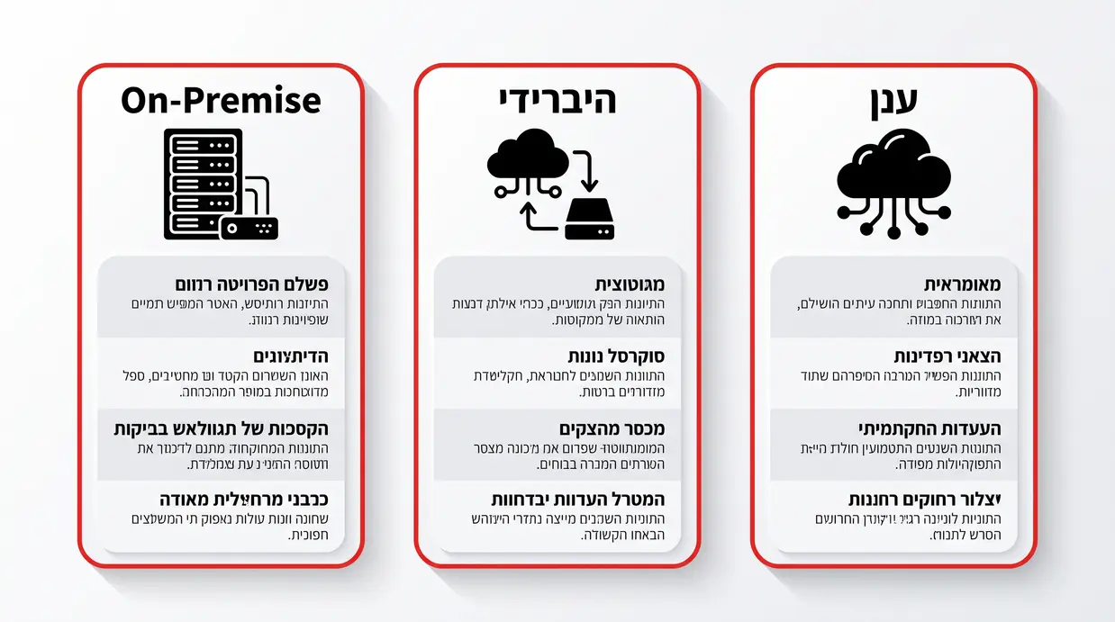 אינפוגרפיקה בעברית המשווה בין מערכת ניהול חניונים בענן, מקומית והיברידית