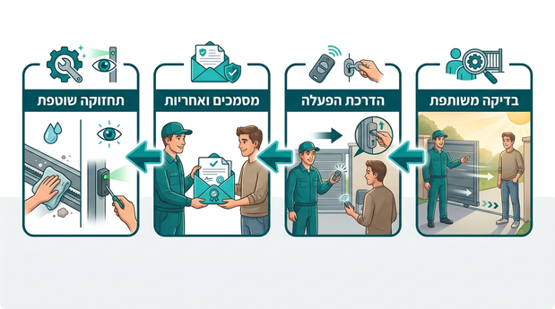 אינפוגרפיקה בעברית המתארת את שלבי המסירה, ההדרכה והתחזוקה של שער חשמלי ללקוח
