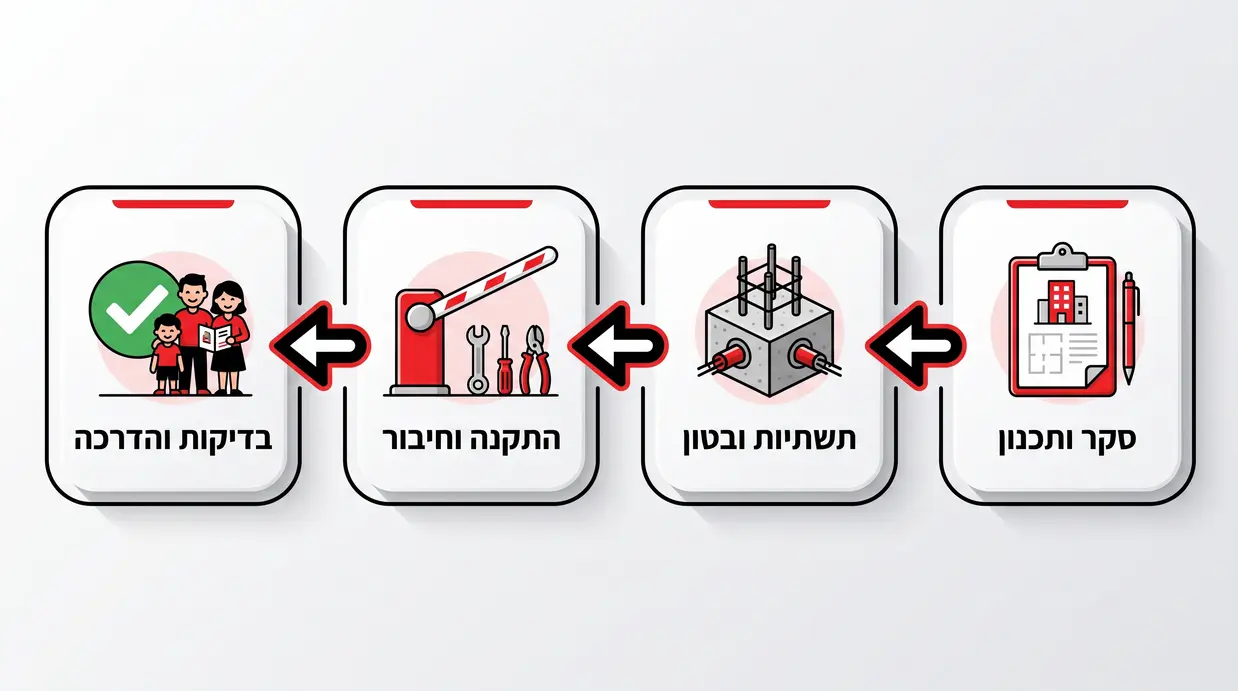 אינפוגרפיקה של שלבי התקנת מחסום חניה בבניין משותף מסקר ותכנון ועד בדיקות והדרכת דיירים