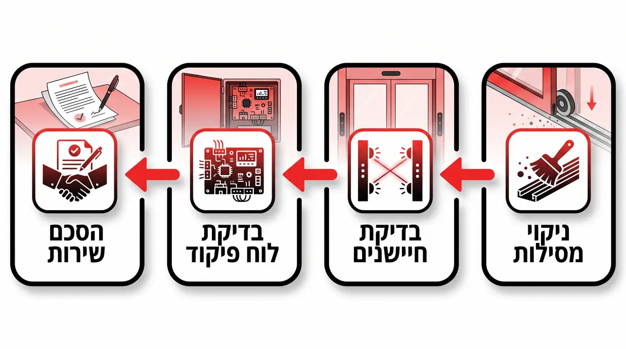 אינפוגרפיקה בעברית המציגה שלבים לתחזוקה שוטפת של דלת אוטומטית במבנה ציבורי