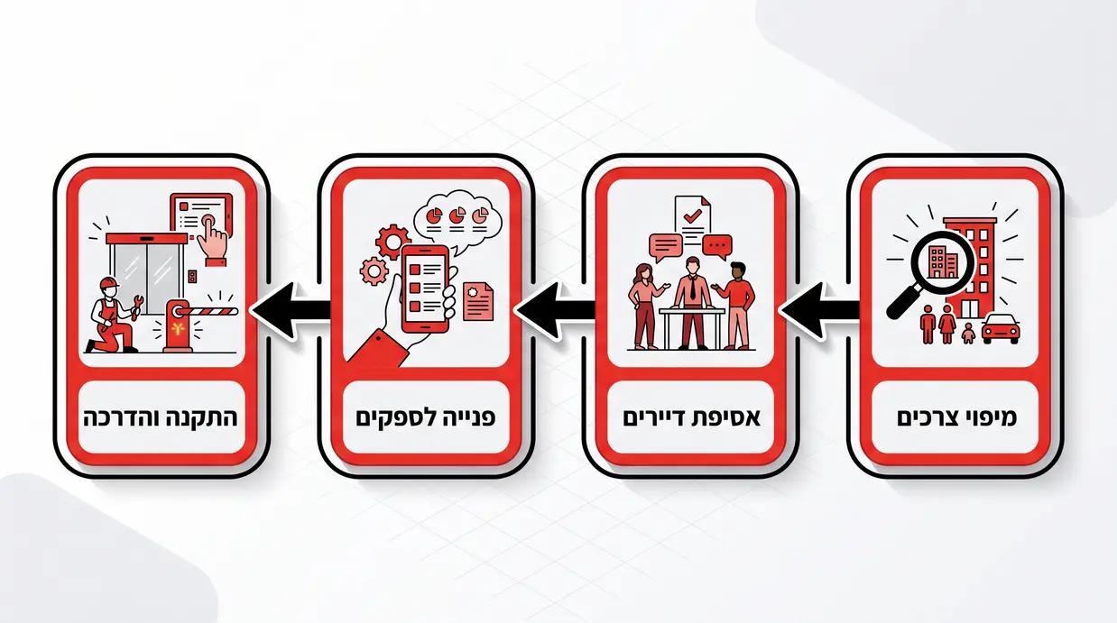אינפוגרפיקה בעברית המציגה שלבים ברורים לוועד הבית בשדרוג כניסת הבניין