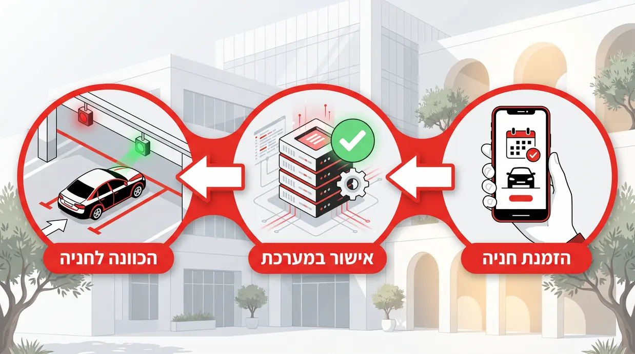 אינפוגרפיקה בעברית המתארת תהליך הזמנת חניה לעובדים והכוונה למקום פנוי