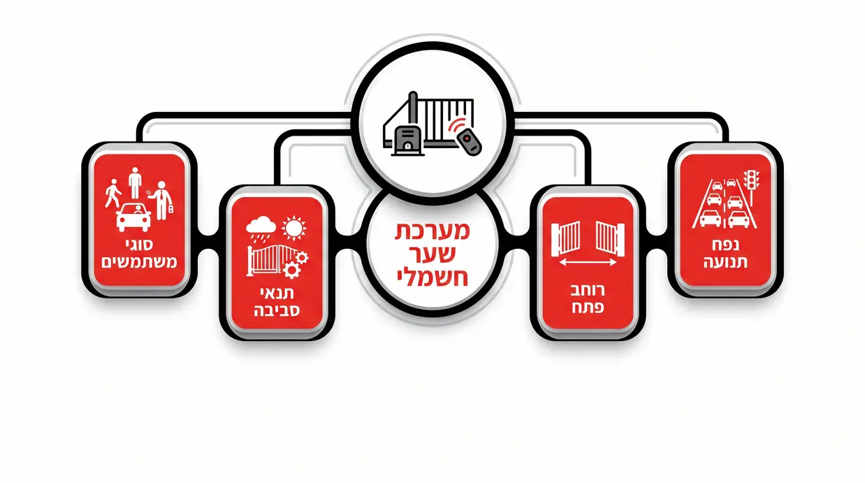 אינפוגרפיקה בעברית שמציגה את הפרמטרים התפעוליים המרכזיים בבחירת שער חשמלי