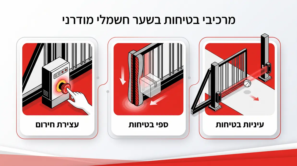 אינפוגרפיקה בעברית שמדגישה עיניות בטיחות, ספי בטיחות ומנגנון עצירת חירום בשער חשמלי