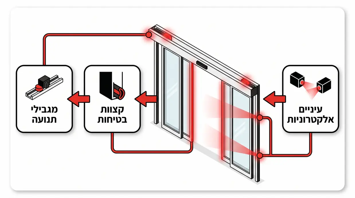 אינפוגרפיקה בעברית המציגה עיניים אלקטרוניות, קצוות בטיחות ומגבילי תנועה בדלת אוטומטית