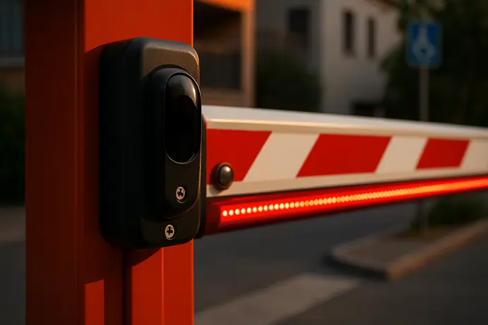 תקריב של חיישן פוטו-צל ותאורת LED על עמוד מחסום חניה בחניון בניין משותף