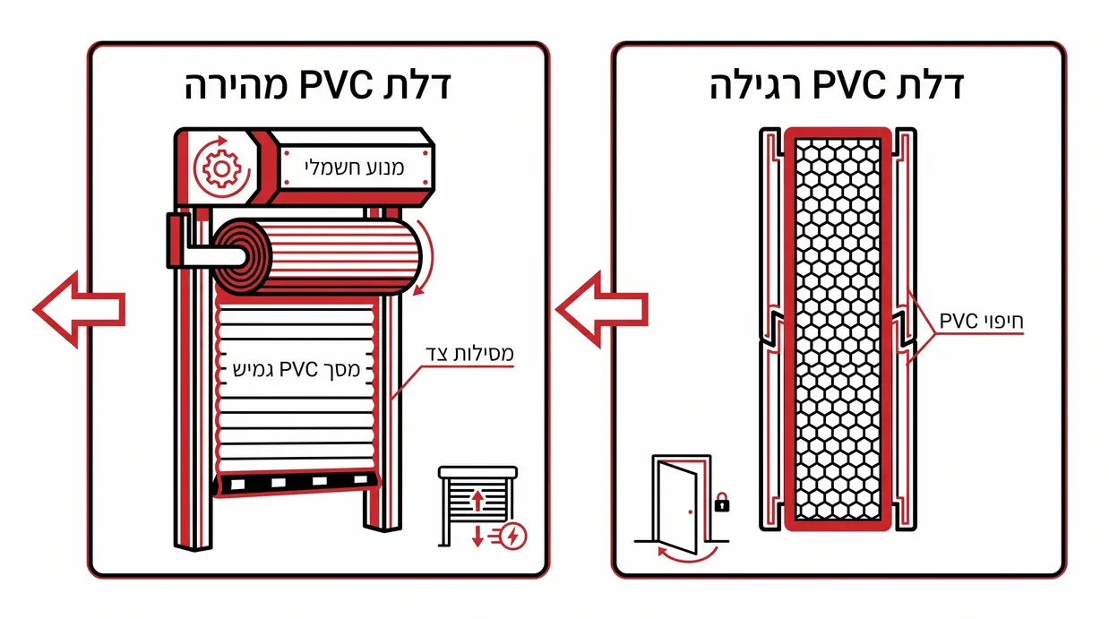 אינפוגרפיקה המשווה חתך של דלת PVC רגילה קשיחה מול מנגנון גלילה של דלת PVC מהירה תעשייתית
